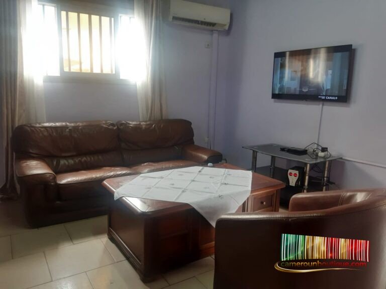 Séjour équipé avec TV dans un appartement meublé type F3 à Bonapriso École Américaine Douala
