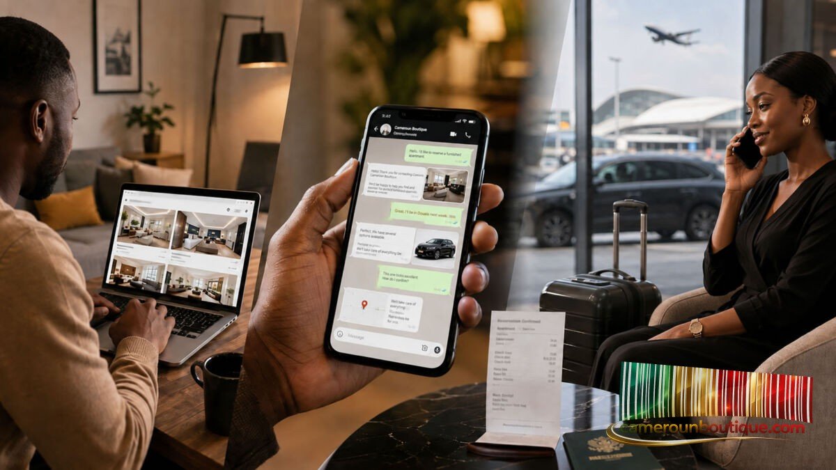 Client réservant un logement meublé et une voiture sur Cameroun Boutique par WhatsApp et téléphone